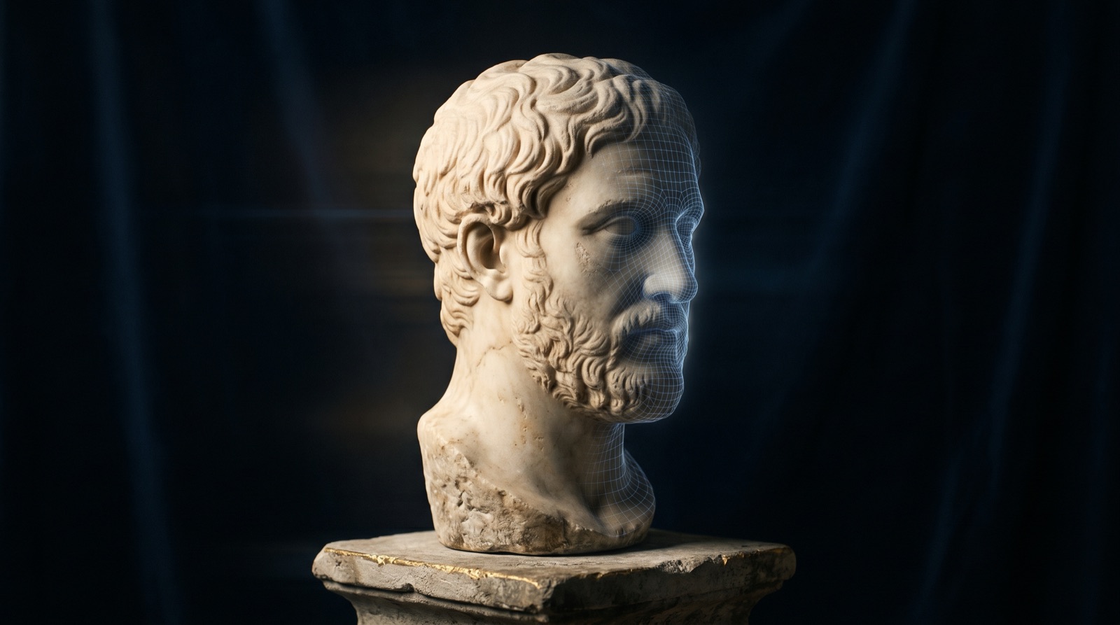 Marble bust half-covered by digital wireframe veil