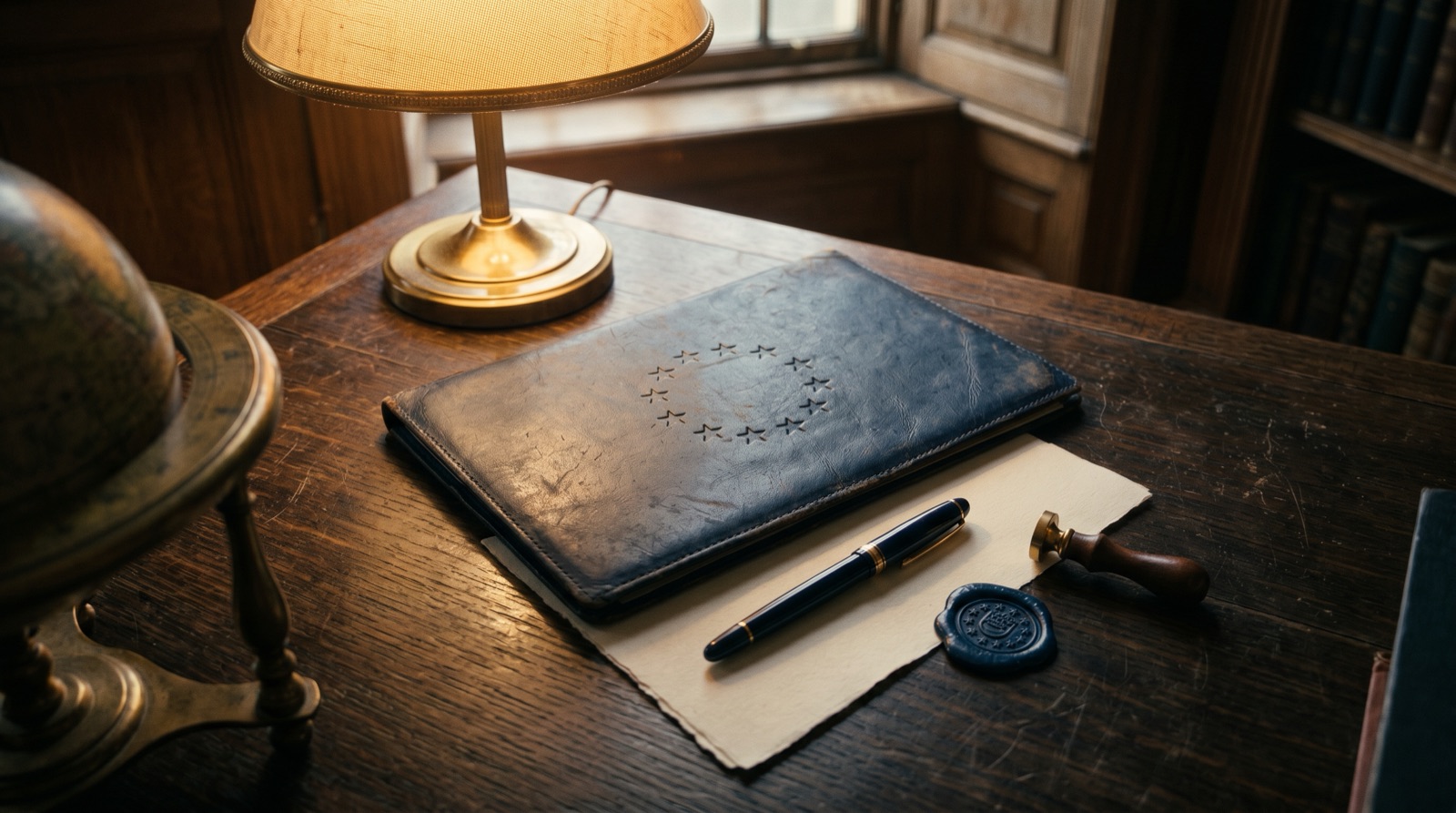 Leather-bound EU dossier with brass lamp