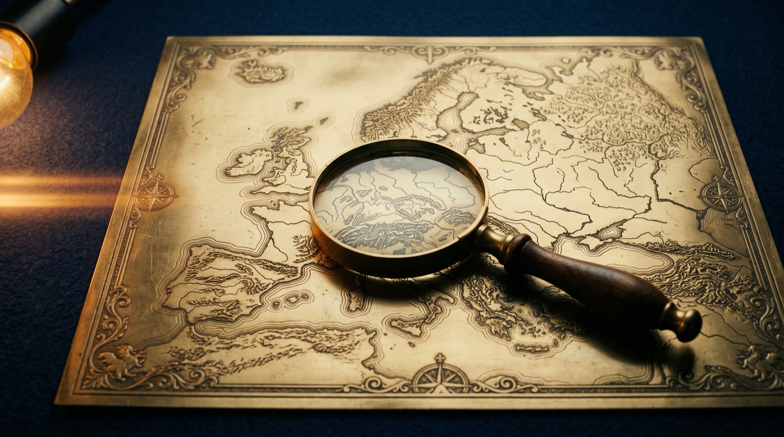 Brass antique map of Europe with magnifying glass under warm lamp